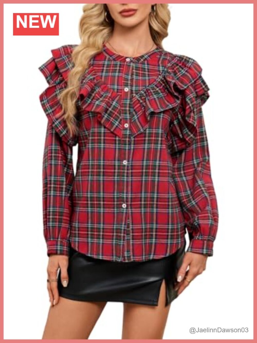 Plaid Ruffle Blouse Long Sleeve Button Down Christmas Tartan Top